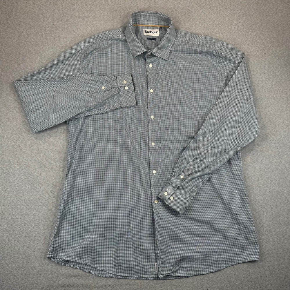 Barbour Shirt Mens XL Tailored Fit Navy Blue Highfield Micro Gingham Preppy EUC - Picture 2 of 10